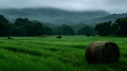 Green rural landscape featuring hay bales in a field with misty mountains under an overcast sky