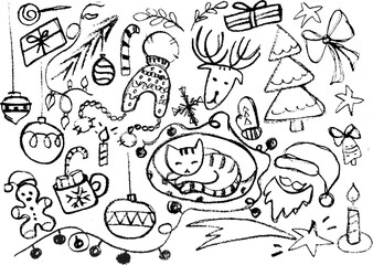 Hand-drawn Christmas and holiday doodles with reindeer, cat, and festive elements in black and white sketch style with copy space