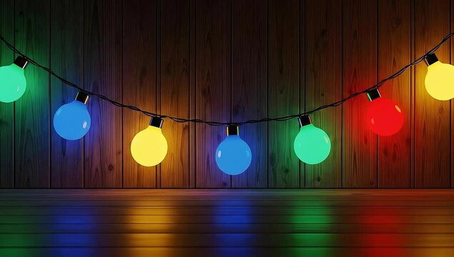 Vibrant string lights casting colorful glow on rustic wooden backdrop, perfect for festive celebrations and atmospheric scenes