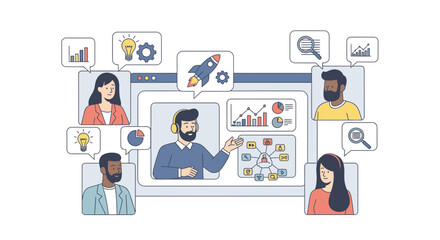 Online meeting presenting business strategy and data analysis with diverse team, fostering innovation and collaboration for success, originally a scalable vector graphic