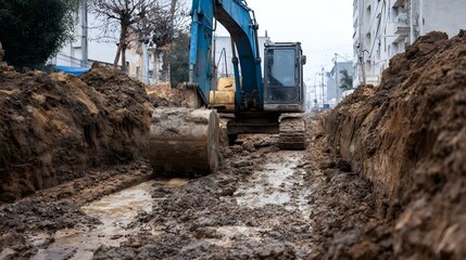Heavy hinery an excavator digs a deep muddy trench for utility work on an urban street under an overcast sky