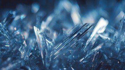 Prismatic blue ice crystals glint with light in a macro view.