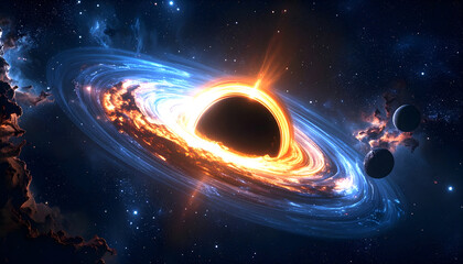 Stunning black hole in deep space with glowing blue and orange light, cosmic science fiction background.