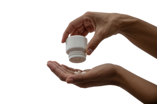 Human Hands Pouring Pills from White Plastic Bottle on Transparent Background