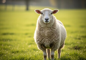 Obraz premium A fluffy white sheep stands in a vibrant green pasture, looking directly at the viewer on a sunny day.