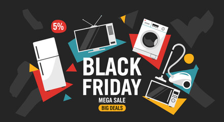 Black Friday Mega Sale Big deals on home electronics and appliances banner illustration