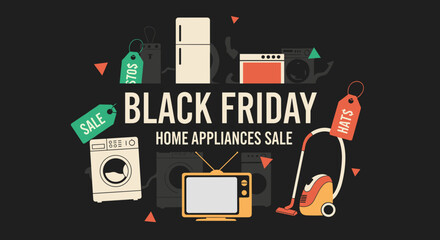 Black Friday home appliances sale banner illustration Shopping event discounts household technology