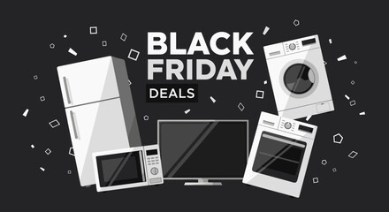 Black Friday Deals banner with graphic home appliances fridge TV washer oven Shopping event concept