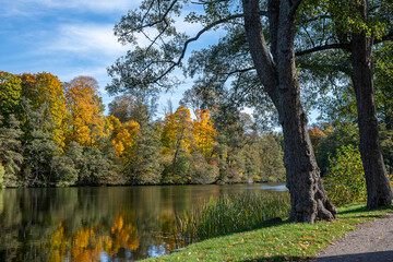 View from waterfront park Åbackarna across Motala Stream towards Folkparken during autumn in mid-October 2025 in Norrköping, Sweden