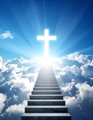 Glowing Christian cross in heaven with sun rays and clouds symbolizing peace, faith, and eternity.