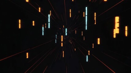 Moving through parts of the source code of a computer program in virtual space. Animation. Abstract flowing lines of changing symbols on black background, seamless loop..