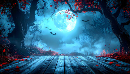Mystical dark forest with red leaves and full moon glowing through fog, fantasy and mystery background.