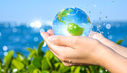 Eco concept with blue planet splash in hands representing water conservation and environmental protection.