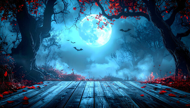 Mystical dark forest with red leaves and full moon glowing through fog, fantasy and mystery background.