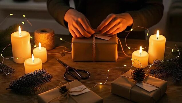 Cozy hands meticulously tying ribbon on Christmas gifts surrounded by warm candlelight and festive greenery, perfect for holiday preparations.