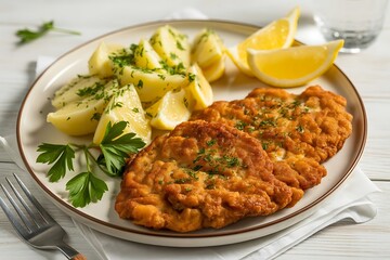 Fototapeta premium Crispy breaded chicken cutlets served with potatoes and lemon slices