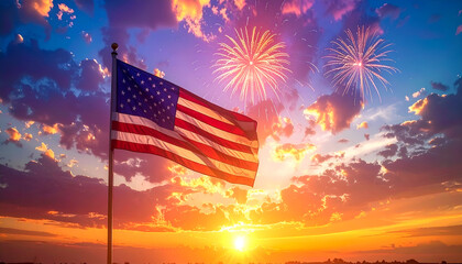 USA flag fluttering in the wind with bright fireworks at sunset, celebrating the Fourth of July holiday.