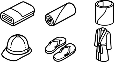 Sauna Accessories Icons. Colorful isometric vector icons set of Sauna accessories and clothing: cotton towel, sauna wrap, felt hat, flip-flops, bathrobe