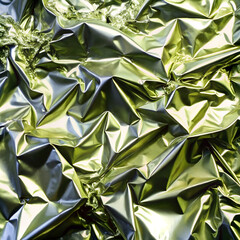 Wrinkled shiny foil in green and silver colors texture
