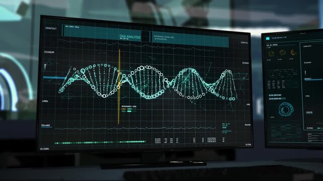 Two computer screens. Laboratory equipment in the background. The process of the DNA Analysis is shown on the monitor. The yellow line is going through the rotating DNA strand. Medical Research