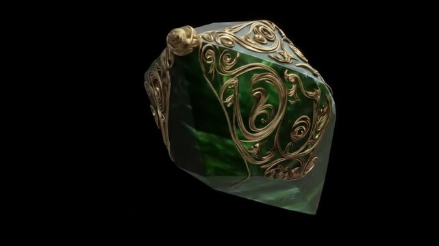 Detailed emerald pendant with gold filigree against black background
