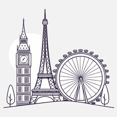 Obraz premium Iconic landmarks of london and paris in a stylized line art illustration