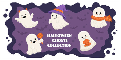 set of cute halloween ghosts on purple background. Collection ghost in flat style. Vector illustration
