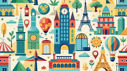 Naklejka premium Vibrant collage of famous global landmarks and travel icons in a flat design style