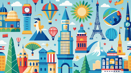 Obraz premium A vibrant collage of iconic landmarks and hot air balloons celebrating global travel and adventure