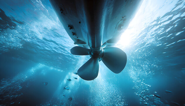 Underwater view of boat propeller and hull from below, marine vessel propeller shaft and rudder system