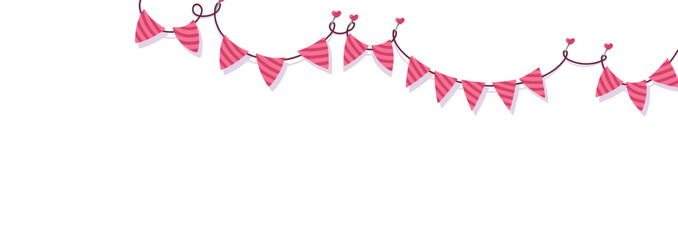 Pink pennant garland with heart decorations or striped. Cute festive vector illustration for party, baby shower or birthday design