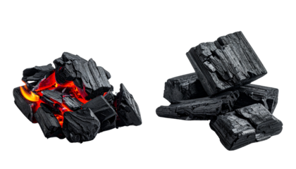 Two hot glowing charcoal variations isolated on transparent background