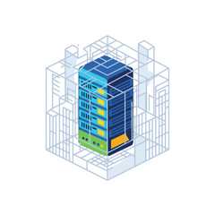 Fototapeta premium Isometric view of a server rack within a digital grid structure.