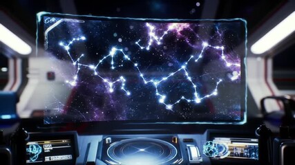 Futuristic spaceship cockpit displays star map and navigation system in deep space - Powered by Adobe