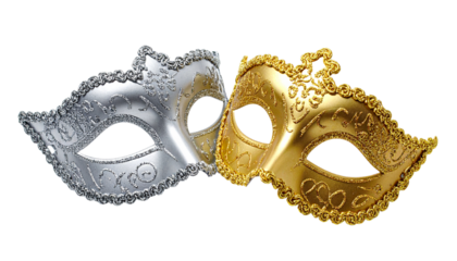 Masquerade ball invitation with elegant masks duo isolated on transparent background