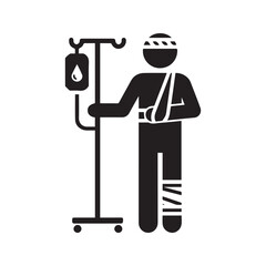 Injured Patient with Multiple Wounds. Stick Figure Icon of Accident Victim with Bandaged Head, Broken Arm Sling, and IV Drip for Hospital Treatment.
