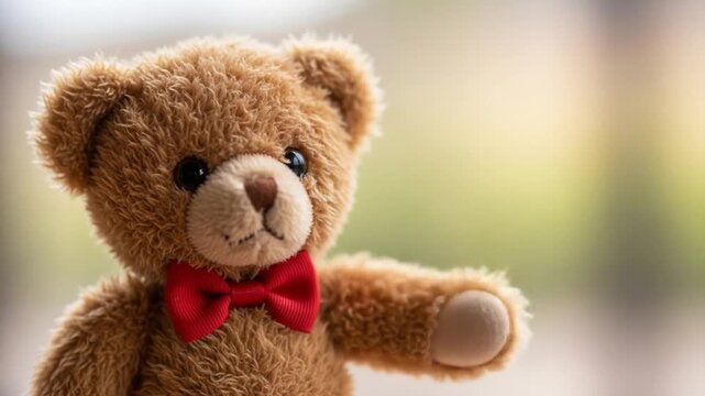 Cute teddy bear waving hello with a red bow tie, soft focus background of a warm, inviting room