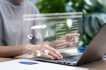 Car Accident Insurance Policy Concept, Businesswoman Reviewing Vehicle Coverage Terms, Checklist...