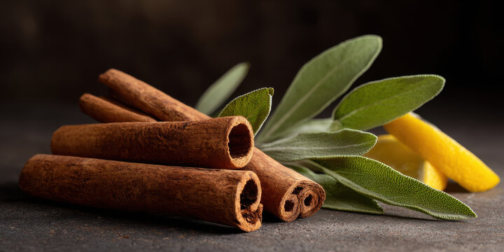 Aromatic cinnamon dried lemon sage leaves spice herb gently set mood