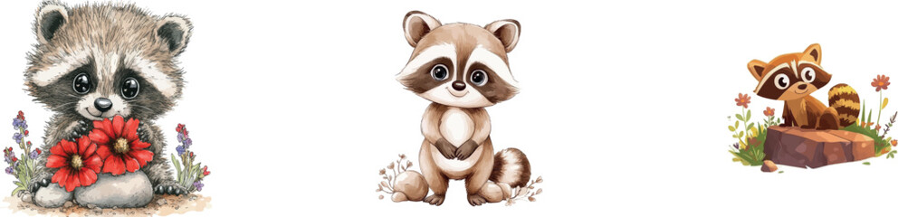 A cute raccoon and flowers in the forest are the subjects of a charming watercolor illustration