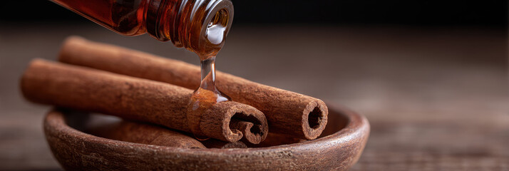 Cinnamon essential oil spice aroma brown wellness macro wood droplet bowl Warm aroma flows