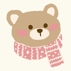 Cute hand-drawn bear wearing red patterned scarf illustration