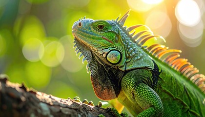 Obraz premium Close up of a green iguana with spiky crest perched on a tree branch in natural sunlight with bokeh background