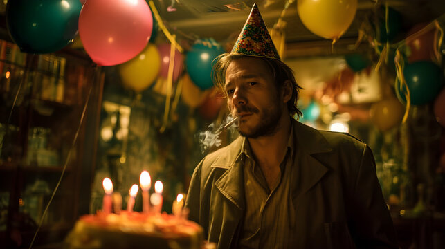 Man smoking cigarette on his birthday looking sad and alone