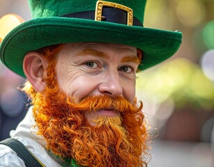 A person wearing a green hat and a red curly beard, smiling