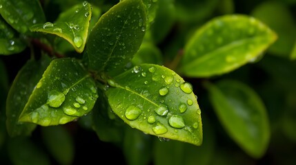 Water droplets glisten on lush green leaves after a refreshing rain.