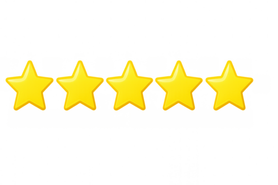 Five shiny yellow stars displaying maximum customer rating, product review, and excellent quality feedback