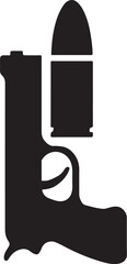 Pistol and bullet fusion symbol, minimal war emblem representing power and defense.