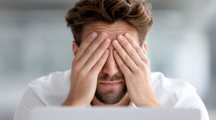 A young man sits at his desk in a bright office, overwhelmed by work stress. He covers his face with his hands, showing the pressure of deadlines and tasks piling up