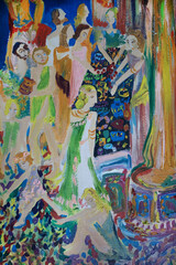 Ancient Mediterranean historical fine art illustration. Jewelry market selling and buying. Rich and poor people life.